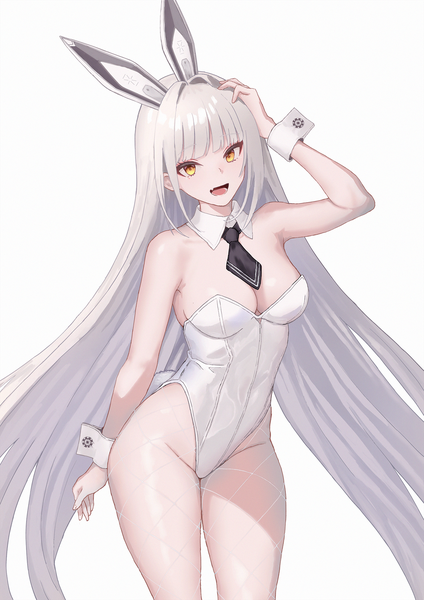 Anime picture 1500x2125 with goddess of victory: nikke blanc (nikke) herfstijl single long hair tall image looking at viewer fringe breasts open mouth light erotic simple background smile large breasts white background bare shoulders animal ears yellow eyes white hair :d