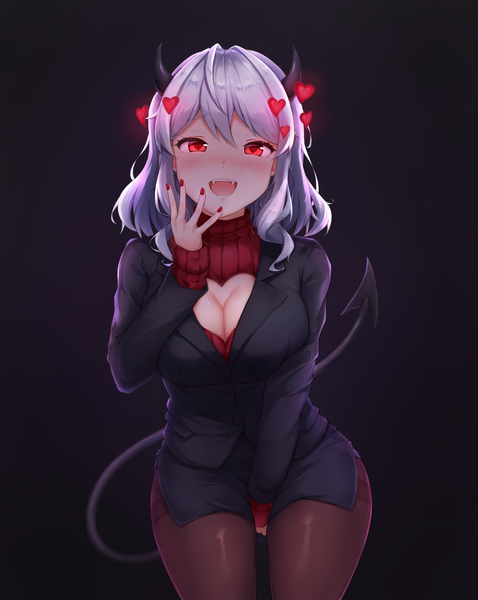 Anime picture 1544x1940 with helltaker modeus (helltaker) ripong single long hair tall image looking at viewer blush fringe short hair breasts open mouth light erotic smile hair between eyes red eyes cleavage silver hair tail long sleeves