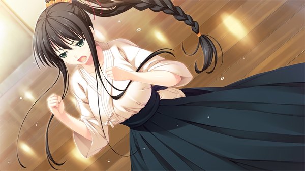 Anime picture 1280x720 with lovesick puppies himesato isami sankuro single long hair breasts open mouth black hair wide image large breasts green eyes looking away game cg ponytail japanese clothes angry girl hair ornament kimono