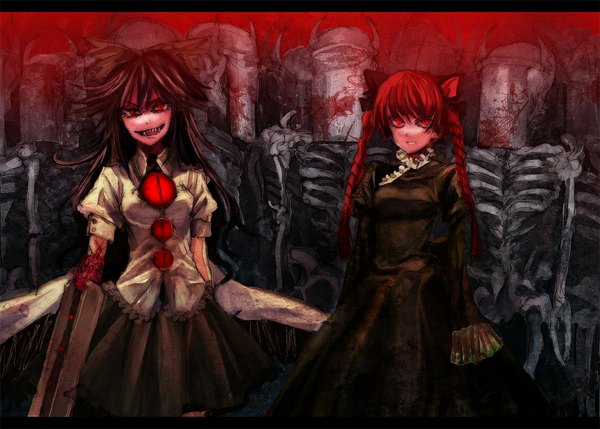 Anime picture 1100x788 with touhou reiuji utsuho kaenbyou rin lastdark (artist) looking at viewer red eyes brown hair multiple girls animal ears red hair braid (braids) cat ears teeth fang (fangs) twin braids letterboxed skeleton crazy smile arm cannon girl