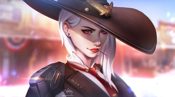 Anime picture 1300x725 with overwatch blizzard entertainment ashe (overwatch) zolaida (artist) single looking at viewer short hair red eyes wide image signed sky upper body white hair light smile lips blurry realistic depth of field lipstick shaded face