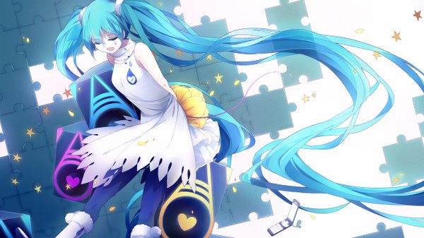 Anime picture 1280x720 with vocaloid hatsune miku lyodi (artist) single open mouth wide image twintails bare shoulders blue hair eyes closed very long hair hands behind back girl dress phone speakers