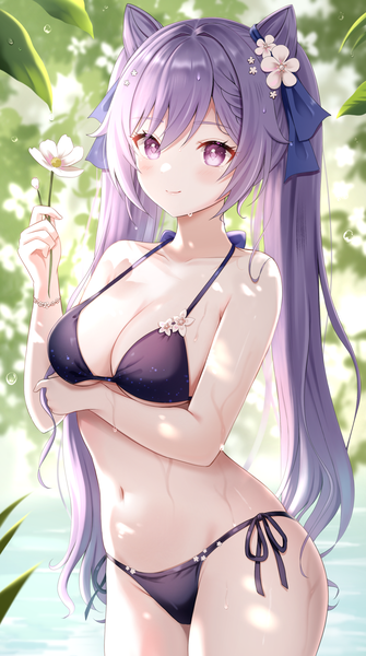Anime picture 1000x1793 with genshin impact keqing (genshin impact) nasii single long hair tall image looking at viewer blush fringe breasts light erotic smile hair between eyes large breasts standing purple eyes twintails holding payot purple hair