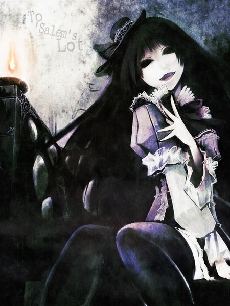 Anime picture 1200x1600 with shiki sunako kirishiki single long hair tall image black hair smile sitting black eyes teeth fang (fangs) lolita fashion goth-loli vampire hollow eyes dress hat