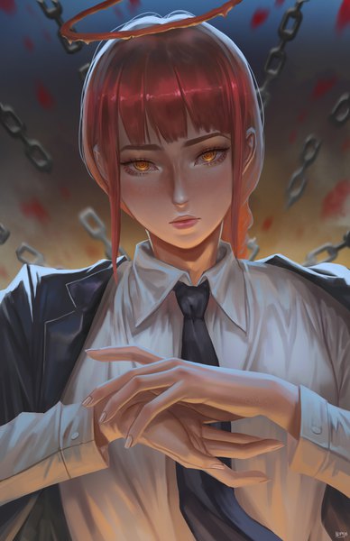 Anime picture 3300x5100 with chainsaw man mappa makima (chainsaw man) nopeys single long hair tall image looking at viewer blush fringe highres signed yellow eyes payot absurdres upper body red hair blunt bangs long sleeves fingernails