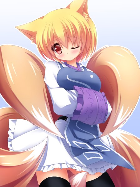 Anime picture 1800x2400 with touhou yakumo ran liya single tall image blush highres short hair blonde hair red eyes one eye closed wink fox ears fox tail fox girl girl