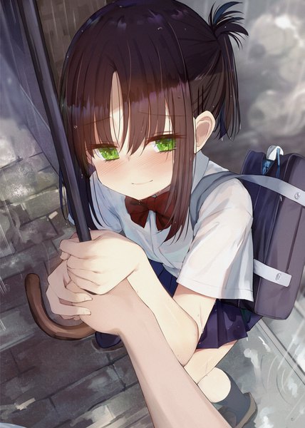 Anime picture 744x1044 with original kamizaki hibana tall image looking at viewer fringe short hair smile brown hair standing holding green eyes payot outdoors pleated skirt from above solo focus rain pov folded ponytail arm grab