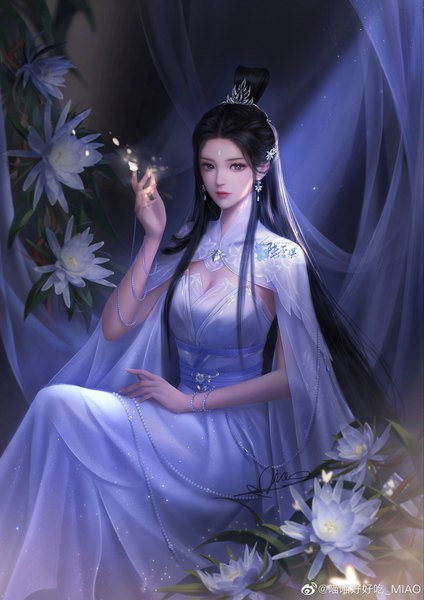 Anime picture 2475x3500 with zhu xian lu xueqi miao miao hao hao chi single long hair tall image looking at viewer highres black hair sitting cleavage arm up fingernails black eyes realistic lipstick watermark long fingernails forehead mark girl