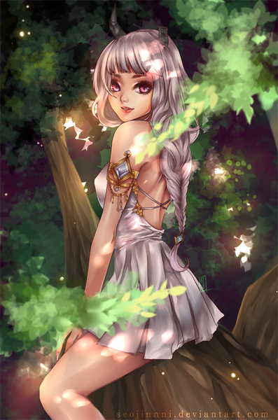 Anime picture 596x900 with original seo-jin single long hair tall image looking at viewer fringe breasts smile sitting bare shoulders signed silver hair bent knee (knees) outdoors blunt bangs braid (braids) parted lips pink eyes looking back