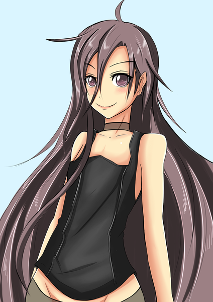 Anime picture 1158x1637 with sword art online a-1 pictures kirigaya kazuto torahime (roland00) single long hair tall image looking at viewer blush black hair simple background smile black eyes blue background boy t-shirt