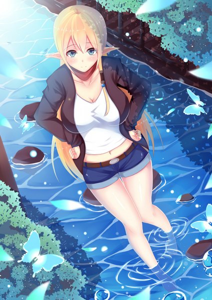 Anime picture 1273x1800 with gate - jieitai ka no chi nite kaku tatakaeri a-1 pictures tuka luna marceau otono fei single long hair tall image looking at viewer blush fringe breasts blue eyes blonde hair smile large breasts standing cleavage barefoot from above pointy ears