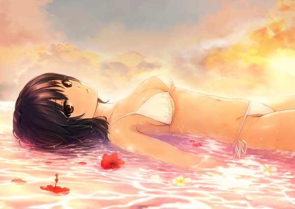 Anime picture 1280x906 with original aoyama sumika coffee-kizoku single looking at viewer short hair light erotic black hair bare shoulders brown eyes sky cloud (clouds) lying bare belly wet on back girl navel flower (flowers) swimsuit