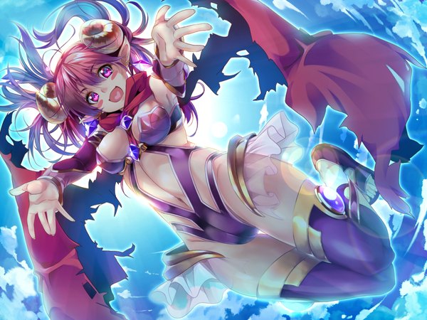 Anime picture 1024x768 with grimoire no shisho armodias marushin (denwa0214) single long hair blush breasts open mouth light erotic game cg cloud (clouds) red hair pink eyes horn (horns) pointy ears demon girl girl thighhighs navel wings