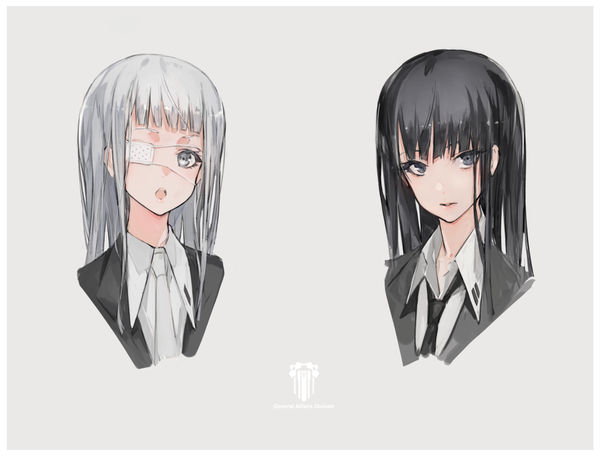 Anime picture 1100x842 with original yucca-612 (neco) long hair looking at viewer fringe open mouth black hair simple background multiple girls silver hair upper body blunt bangs grey background :o grey eyes border open collar girl uniform 2 girls