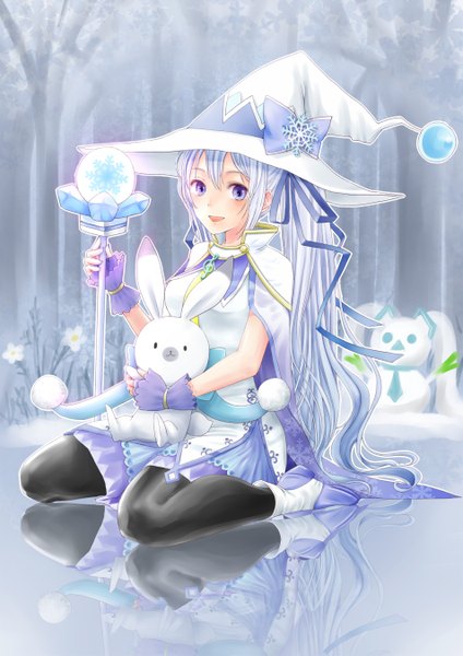 Anime picture 954x1350 with vocaloid suki! yuki! maji magic (vocaloid) hatsune miku yuki miku rabbit yukine yuki miku (2014) kouzuki yui long hair tall image looking at viewer open mouth blue eyes sitting twintails white hair wariza winter snow girl dress