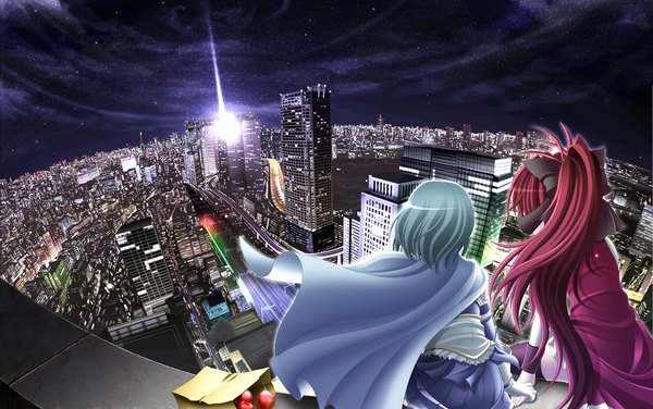 Anime picture 1500x940 with mahou shoujo madoka magica shaft (studio) sakura kyouko miki sayaka ebisu (artist) long hair short hair multiple girls blue hair sky cloud (clouds) ponytail red hair night night sky back city cityscape scenic city lights