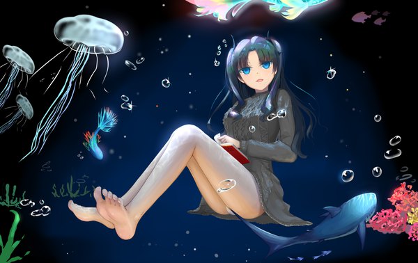 Anime picture 3507x2210 with fate (series) fate/stay night toosaka rin dc (mz574692465) single long hair looking at viewer highres open mouth blue eyes light erotic black hair smile sitting absurdres full body bent knee (knees) ass long sleeves :d