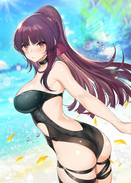 Anime picture 800x1117 with girls frontline wa2000 (girls frontline) ero waifu single long hair tall image looking at viewer blush fringe breasts light erotic red eyes large breasts standing payot sky purple hair ass outdoors ponytail