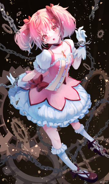 Anime picture 1224x2061 with mahou shoujo madoka magica shaft (studio) kaname madoka misty cj single tall image looking at viewer short hair open mouth twintails pink hair head tilt pink eyes puffy sleeves short twintails magical girl girl dress gloves choker