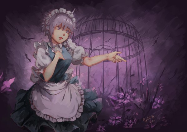 Anime picture 4960x3507 with touhou izayoi sakuya zuosi zhichu single fringe highres short hair open mouth hair between eyes absurdres silver hair ahoge braid (braids) maid puffy sleeves twin braids outstretched arm hand on chest silver eyes girl