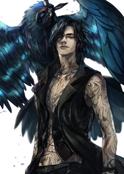 Anime picture 1256x1761 with devil may cry devil may cry 5 v (devil may cry) griffon (devil may cry 5) haban (haban35) single tall image looking at viewer fringe short hair black hair simple background hair between eyes standing white background bare shoulders light smile black eyes tattoo demon