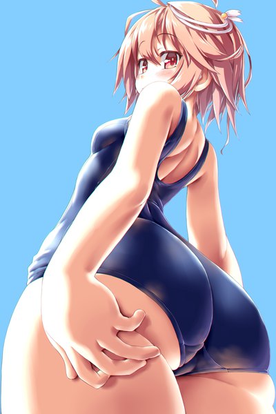 Anime picture 1000x1500 with kantai collection i-58 submarine dd (ijigendd) single tall image looking at viewer blush short hair light erotic red eyes standing pink hair sky ahoge outdoors ass looking back from behind from below hand on ass