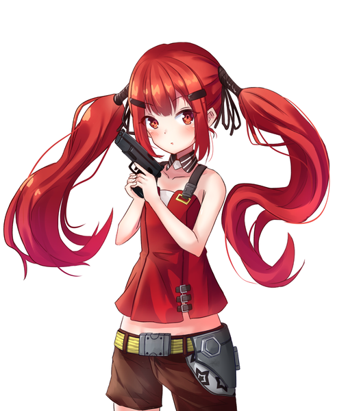 Anime picture 1200x1416 with girls frontline cz-75 (girls frontline) seero single long hair tall image looking at viewer blush fringe simple background red eyes white background twintails bare shoulders payot red hair girl weapon shorts hairclip