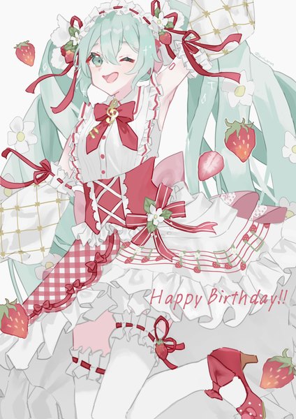 Anime picture 2894x4093 with vocaloid hatsune miku strawberry miku (morikura) miri mm222 single long hair tall image looking at viewer highres open mouth twintails one eye closed arm up aqua eyes aqua hair high heels ;d happy birthday girl thighhighs
