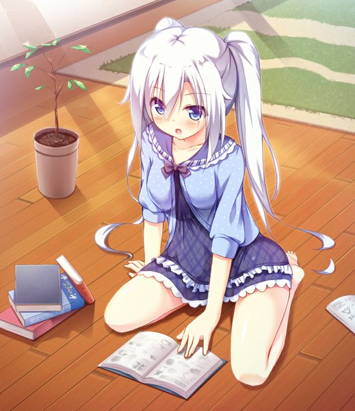 Anime picture 787x910 with original kusunoki (escude) single long hair tall image blush fringe open mouth blue eyes hair between eyes sitting twintails looking away purple hair bent knee (knees) white hair indoors barefoot sunlight bare legs