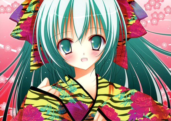 Anime picture 3500x2469 with original natsuki coco single long hair looking at viewer blush fringe highres open mouth hair between eyes absurdres upper body japanese clothes aqua eyes aqua hair floral background girl kimono