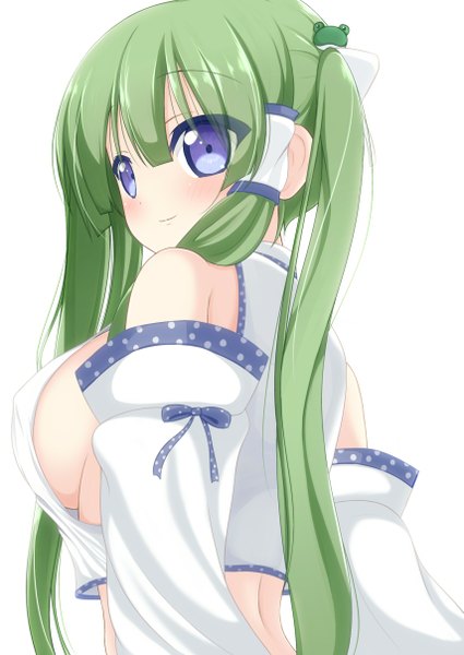 Anime picture 855x1208 with touhou kochiya sanae chimunge single long hair tall image blush blue eyes light erotic simple background smile white background bare shoulders green hair girl hair ornament detached sleeves hair tubes