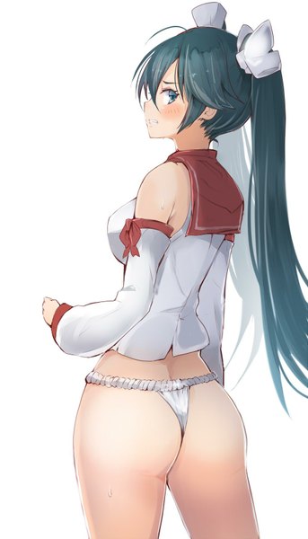 Anime picture 1000x1746 with kantai collection isuzu light cruiser sumisu (mondo) single long hair tall image breasts light erotic simple background white background twintails ahoge ass profile looking back aqua eyes from behind aqua hair sweat girl