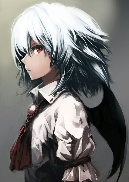 Anime picture 700x988 with touhou remilia scarlet zen33n single tall image looking at viewer fringe short hair simple background silver hair profile grey background bat wings no hat girl wings neckerchief brooch