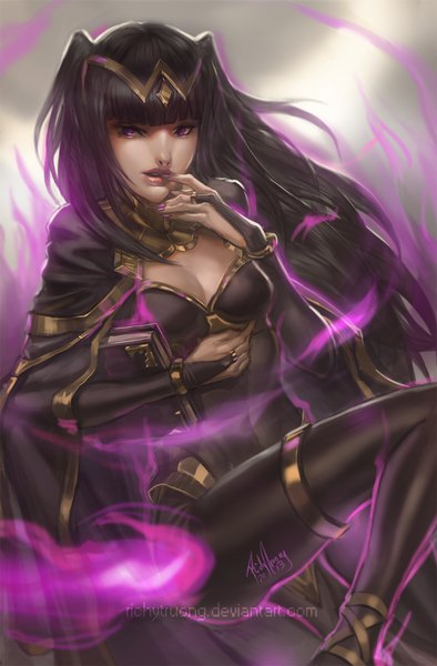 Anime picture 800x1217 with fire emblem fire emblem awakening nintendo sarja richytruong single long hair tall image breasts open mouth black hair purple eyes signed nail polish two side up magic glowing finger to mouth girl choker
