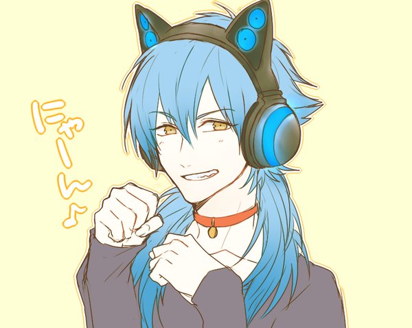 Anime picture 814x651 with dramatical murder nitro+chiral axent wear headphones aoba (dmmd) kuwa ayase single long hair fringe simple background smile hair between eyes yellow eyes blue hair upper body text yellow background paw pose boy headphones collar