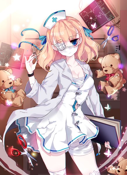 Anime picture 740x1017 with original harin 0 single long hair tall image looking at viewer blue eyes blonde hair standing holding indoors head tilt nurse girl dress uniform ribbon (ribbons) hair ribbon animal jacket