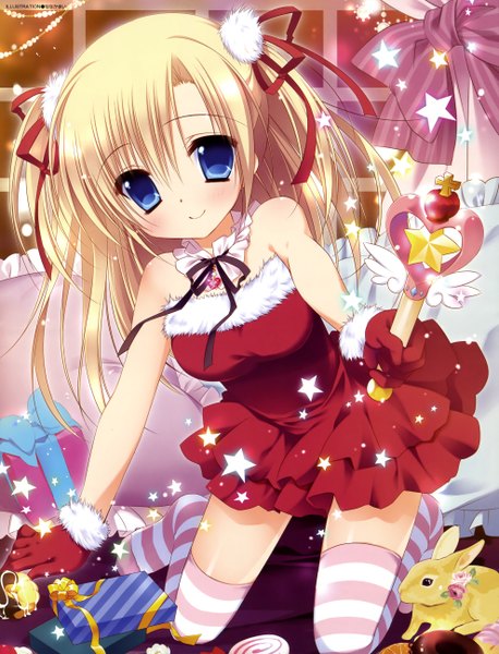 Anime picture 3959x5182 with original nanaka mai single long hair tall image blush highres blue eyes blonde hair smile absurdres girl thighhighs dress ribbon (ribbons) hair ribbon animal star (symbol) striped thighhighs gift