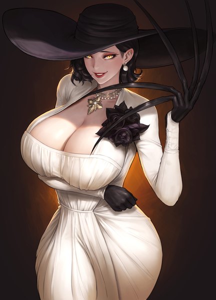 Anime picture 864x1200 with resident evil resident evil village alcina dimitrescu nuker (nukerdraws) single tall image looking at viewer short hair breasts light erotic black hair simple background smile large breasts standing yellow eyes cleavage parted lips lipstick dark background