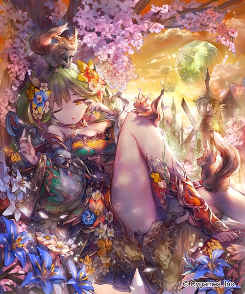 Anime picture 1200x1440 with shingeki no bahamut umberwig single long hair tall image fringe breasts bare shoulders yellow eyes sky cleavage cloud (clouds) parted lips barefoot hair flower green hair wide sleeves legs reclining animal on head