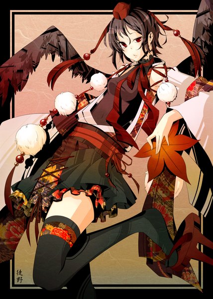 Anime picture 1500x2101 with touhou shameimaru aya to10ro single tall image short hair black hair red eyes girl thighhighs skirt hat detached sleeves miniskirt wings leaf (leaves) fan hauchiwa