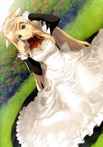 Anime picture 3284x4655 with shining (series) shining hearts lorna (shining hearts) tony taka single long hair tall image blush highres blonde hair green eyes animal ears absurdres cat ears maid girl flower (flowers) headdress bowtie rose (roses)