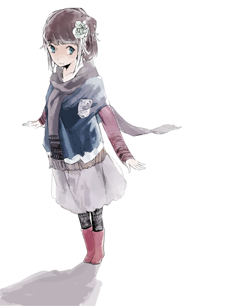 Anime picture 1000x1300 with original yamato (aoiaoiao921) single tall image short hair blue eyes simple background brown hair standing white background looking away full body hair flower from above shadow spread arms girl flower (flowers) scarf knee boots