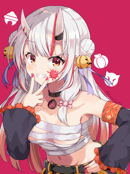 Anime picture 2400x3200 with virtual youtuber hololive nakiri ayame keesuke (kkosyoku) single long hair tall image looking at viewer fringe highres breasts light erotic smile red eyes signed silver hair multicolored hair horn (horns) hair bun (hair buns) streaked hair