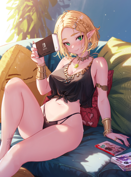 Anime picture 4434x5950 with the legend of zelda nintendo princess zelda mitsu (mitsu art) single tall image looking at viewer blush highres short hair breasts light erotic blonde hair large breasts sitting bare shoulders holding green eyes absurdres indoors