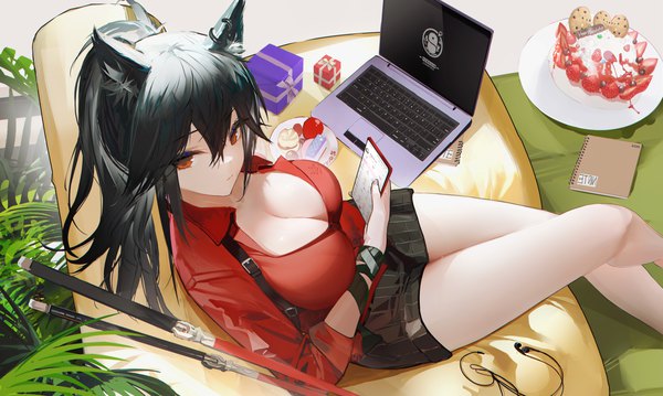 Anime picture 5080x3040 with arknights texas (arknights) texas (willpower) (arknights) omone hokoma agm single long hair fringe highres breasts light erotic black hair hair between eyes wide image large breasts sitting holding brown eyes animal ears payot looking away