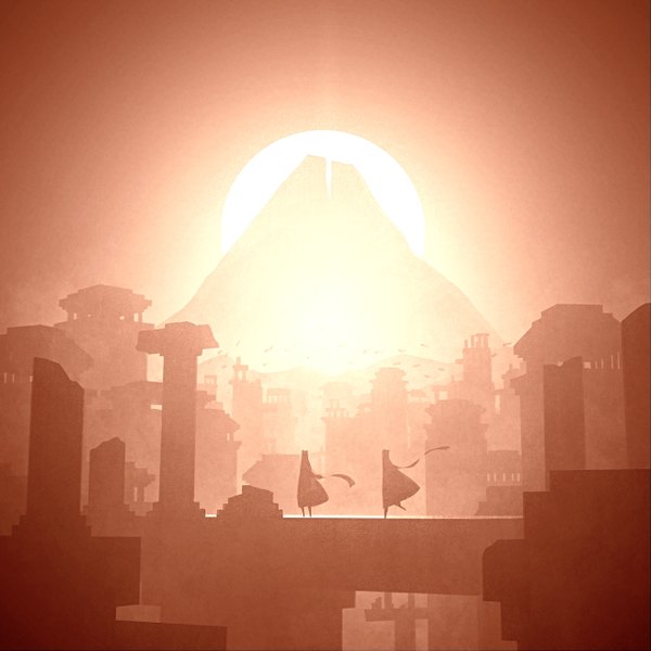Anime picture 1280x1280 with journey namito sky wind from behind sunlight city cityscape mountain running sunrise scarf building (buildings) cape sun pillar column