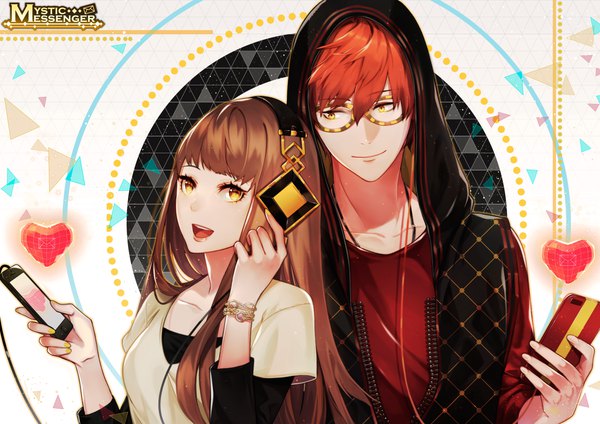 Anime picture 1280x905 with mystic messenger 707 (mystic messenger) protagonist (mystic messenger) persona92 (orichie) long hair fringe short hair open mouth smile hair between eyes brown hair yellow eyes upper body red hair official art copyright name couple girl boy glasses