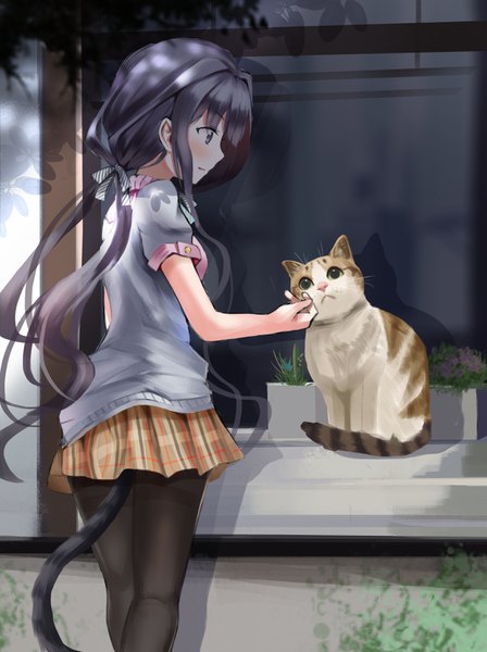 Anime picture 2476x3316 with masamune-kun no revenge silver link adagaki aki shi qi kuang beng single long hair tall image blush highres open mouth black hair smile twintails outdoors tail animal tail profile black eyes shadow cat tail