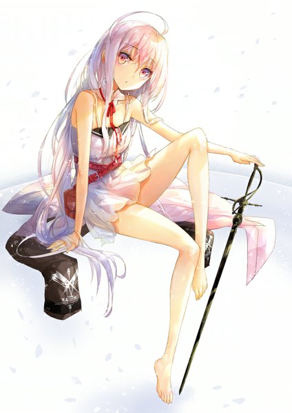 Anime picture 636x900 with original fuumi (radial engine) single long hair tall image fringe sitting bare shoulders looking away pink hair ahoge bent knee (knees) pink eyes barefoot girl dress ribbon (ribbons) weapon petals sword
