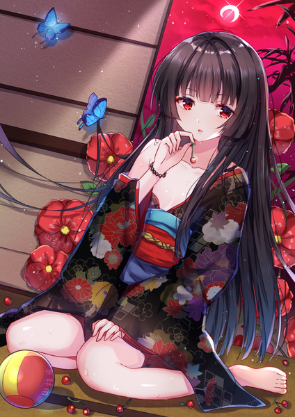 Anime picture 618x875 with hell girl studio deen enma ai shanguier single long hair tall image looking at viewer fringe breasts open mouth light erotic black hair red eyes sitting bare shoulders holding signed full body blunt bangs